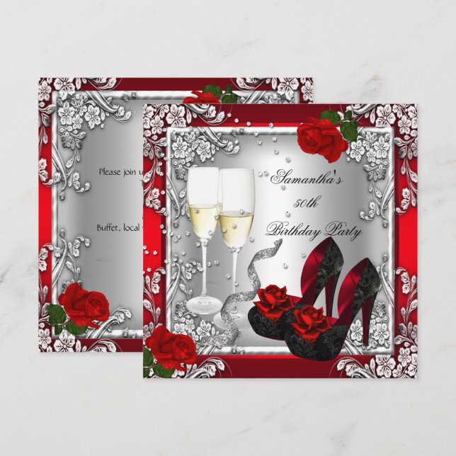 Invitación 50.ª Fiesta de Cumpleaños Elegante Plata Rosa Roja (Anverso / Reverso)