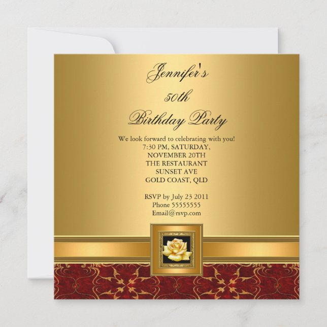 Invitación 50.ª Fiesta de Cumpleaños Elegante Red Gold Black (Anverso)