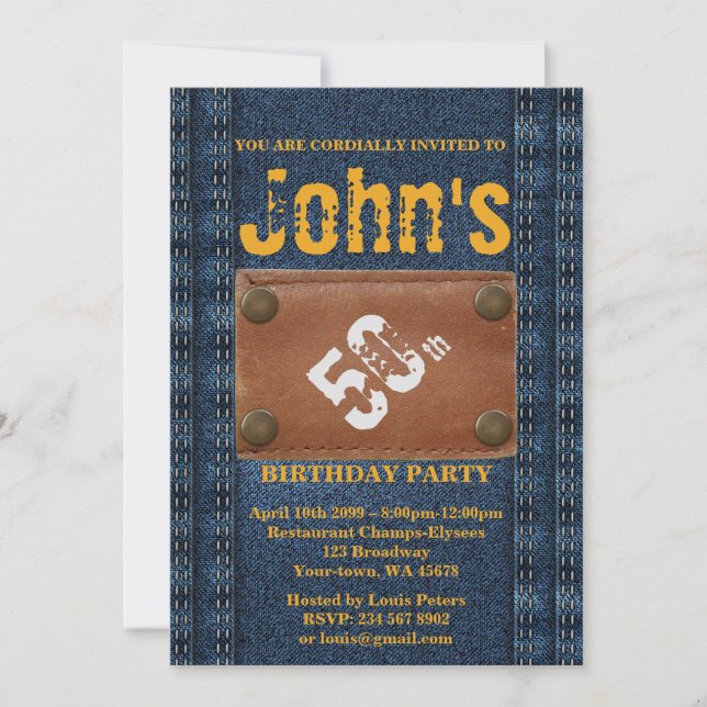 Invitación 50.ª fiesta de cumpleaños, estilo Denim de invitac (Anverso)