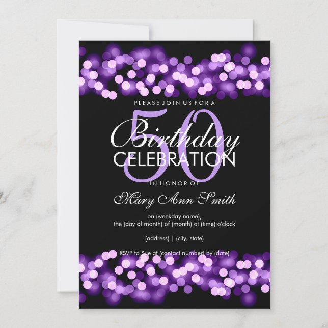 Invitación 50.ª fiesta de cumpleaños Faux Purple Hollywood Gl (Anverso)