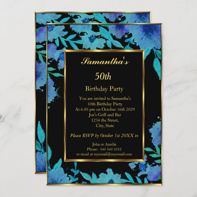 Invitación 50.ª Fiesta de Cumpleaños Flor Azul de Oro (Anverso / Reverso)