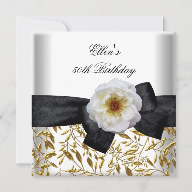 Invitación 50.ª fiesta de cumpleaños Flor blanca de oro negro (Anverso)