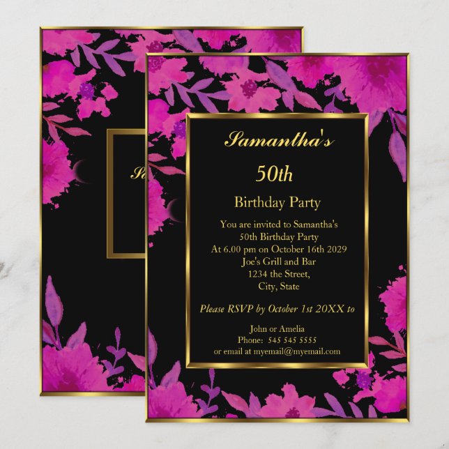 Invitación 50.ª Fiesta de Cumpleaños Flor Rosa Dorada (Anverso / Reverso)