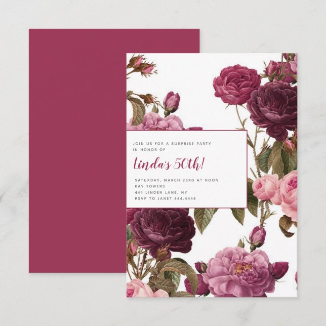 Invitación 50.ª fiesta de cumpleaños floral (Anverso / Reverso)
