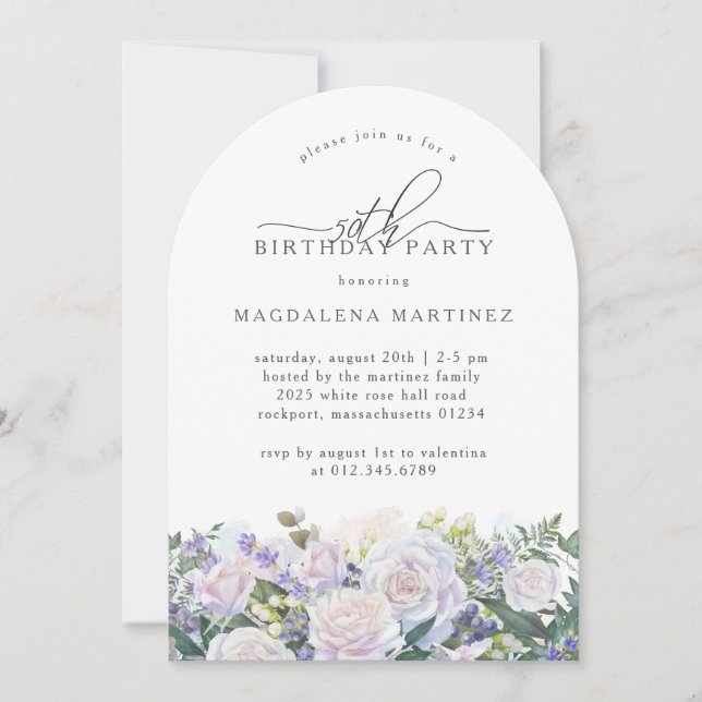 Invitación 50.ª fiesta de cumpleaños Floral azul rosa blanca (Anverso)