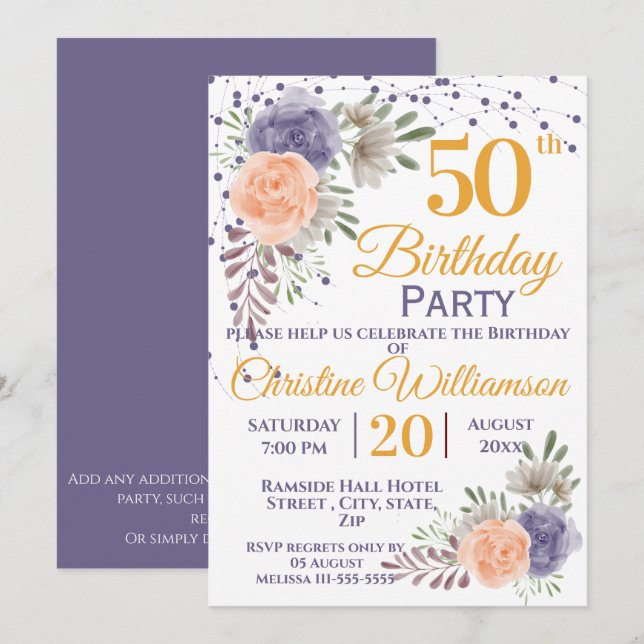 Invitación 50.ª fiesta de cumpleaños Floral Peony Purple (Anverso / Reverso)