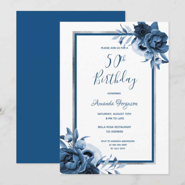 Invitación 50.ª fiesta de cumpleaños flores azules plata blan (Anverso / Reverso)