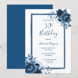 Invitación 50.ª fiesta de cumpleaños flores azules plata blan