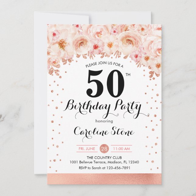 Invitación 50.ª Fiesta de Cumpleaños - Flores de Oro Rosas (Anverso)