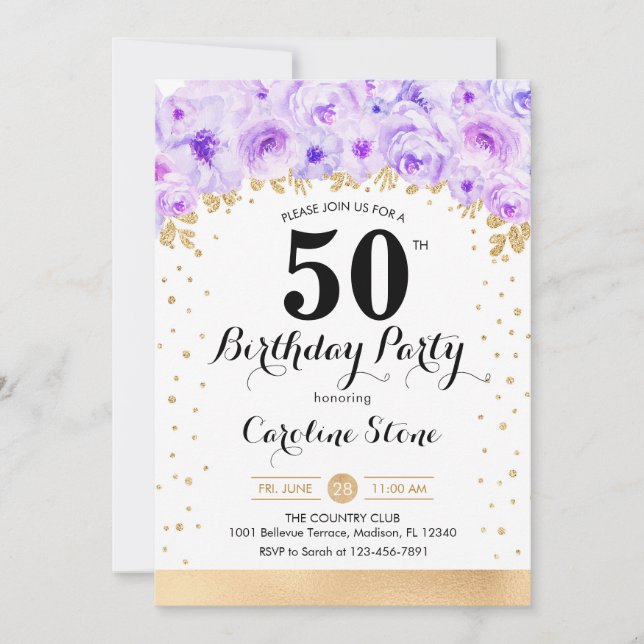 Invitación 50.ª fiesta de cumpleaños - Flores moradas de oro (Anverso)