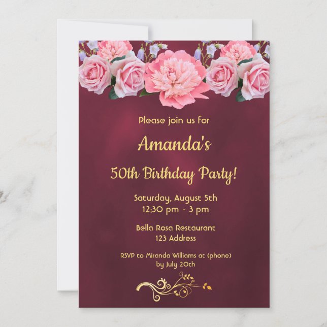 Invitación 50.ª fiesta de cumpleaños flores rosa burdeos (Anverso)