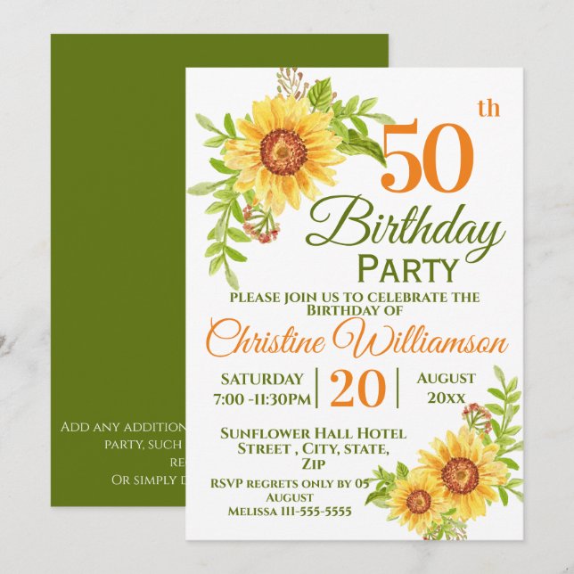 Invitación 50.ª fiesta de cumpleaños Girasol floral (Anverso / Reverso)
