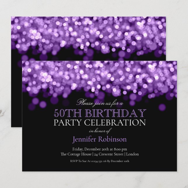 Invitación 50.ª fiesta de cumpleaños Glam Purple Lights (Anverso / Reverso)