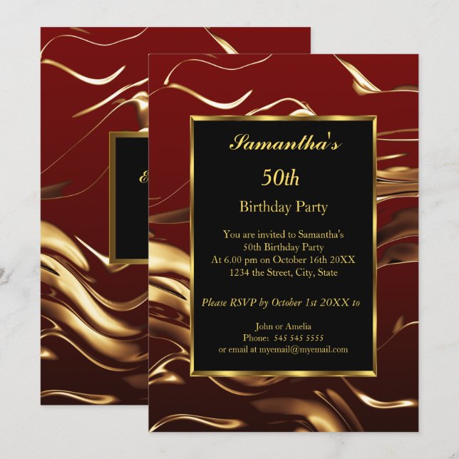 Invitación 50.ª fiesta de cumpleaños Gold Black Burgundy Resu (Anverso / Reverso)