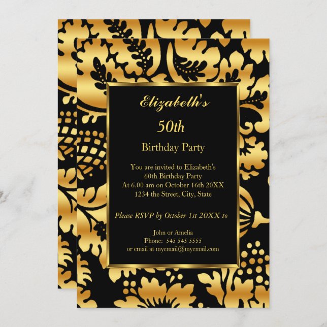 Invitación 50.ª fiesta de cumpleaños Gold Black Floral (Anverso / Reverso)