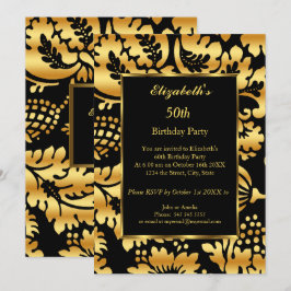 Invitación 50.ª fiesta de cumpleaños Gold Black Floral