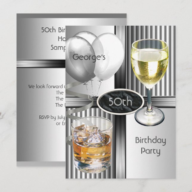 Invitación 50.ª fiesta de cumpleaños hombres beben globos de  (Anverso / Reverso)