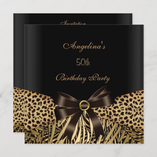 Invitación 50.ª fiesta de cumpleaños Leopardo de oro negro (Anverso / Reverso)