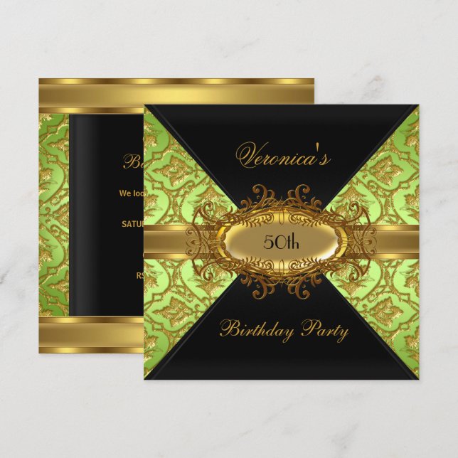 Invitación 50.ª Fiesta de Cumpleaños Lime Green Gold Black Da (Anverso / Reverso)
