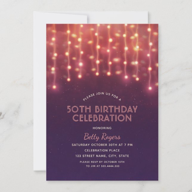 Invitación 50.ª fiesta de cumpleaños Luces de cuerdas Purpuri (Anverso)