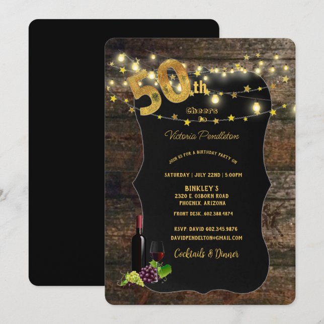 Invitación 50.ª Fiesta de Cumpleaños, Madera de Hierro, Luces (Anverso / Reverso)