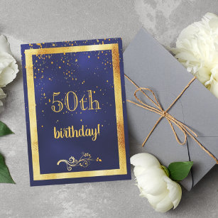 Invitación 50.ª fiesta de cumpleaños marco de oro azul