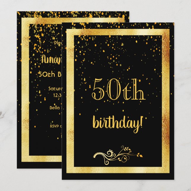 Invitación 50.ª fiesta de cumpleaños marco de oro negro (Anverso / Reverso)