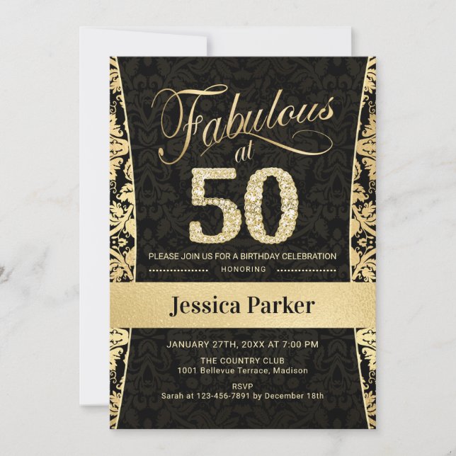 Invitación 50.ª fiesta de cumpleaños - Negro de oro (Anverso)