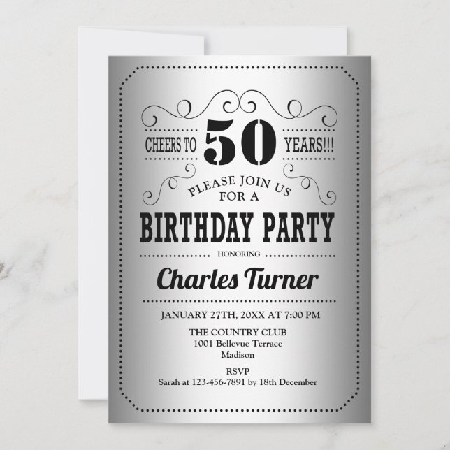 Invitación 50.ª fiesta de cumpleaños - negro plateado (Anverso)