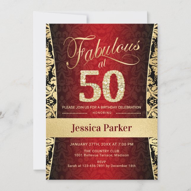 Invitación 50.ª fiesta de cumpleaños - Negro rojo dorado (Anverso)