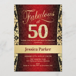 Invitación 50.ª fiesta de cumpleaños - Negro rojo dorado