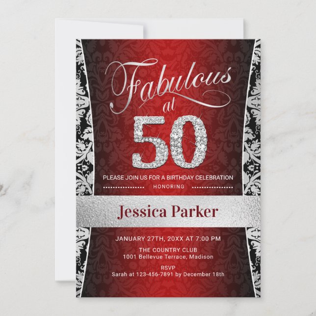 Invitación 50.ª fiesta de cumpleaños - negro rojo plateado (Anverso)