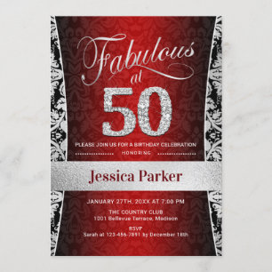Invitación 50.ª fiesta de cumpleaños - negro rojo plateado