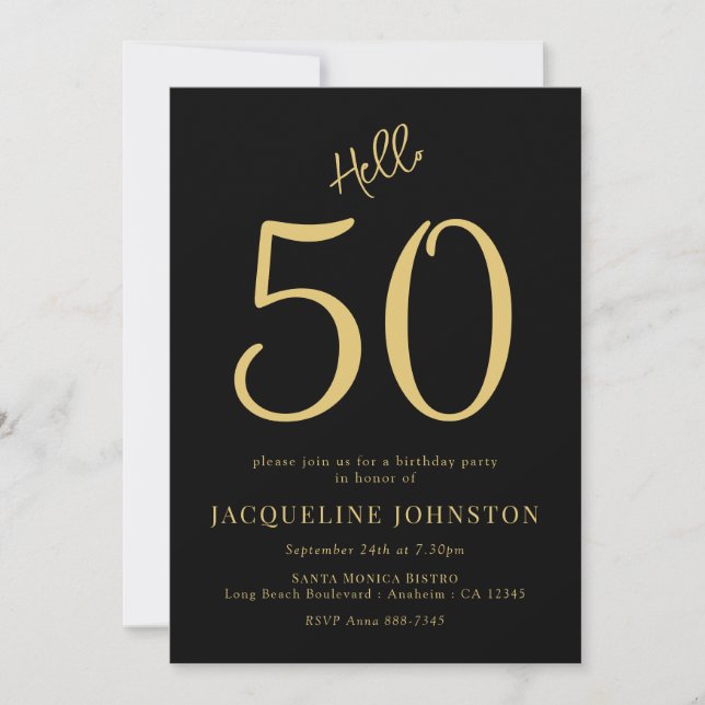 Invitación 50.ª Fiesta De Cumpleaños Negro Y Oro (Anverso)