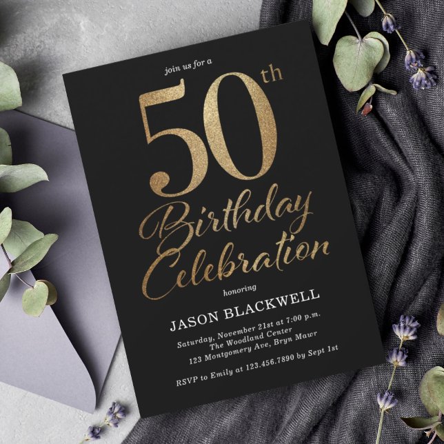 Invitación 50.ª Fiesta de Cumpleaños Negro y Oro (Subido por el creador)