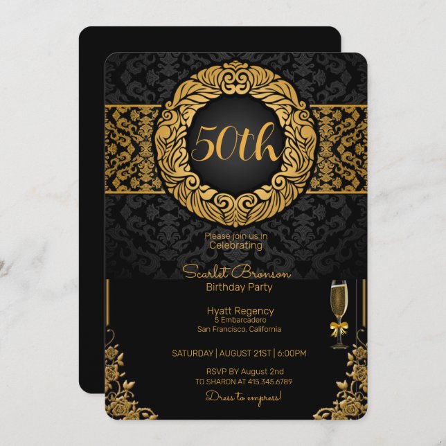 Invitación 50.ª Fiesta de Cumpleaños Negro y Oro Elegante Cum (Anverso / Reverso)