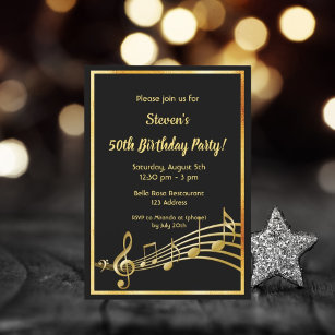 Invitación 50.ª fiesta de cumpleaños notas de oro negro