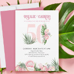 Invitación 50.ª fiesta de cumpleaños número 50<br><div class="desc">50 cumpleaños con la invitación número 50 decorada con hojas de palma tropicales,  flores de protea rosadas y un coco. Un diseño sutil y elegante con acuarelas florales en tonos rosa y verde. Perfecto para la celebración del 50 cumpleaños,  fiesta de luau o fiesta de té en el jardín.</div>