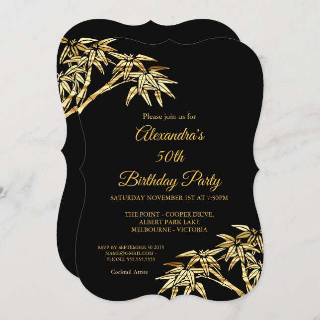 Invitación 50.ª Fiesta de Cumpleaños Oro Bambú Dorado Negro (Anverso / Reverso)