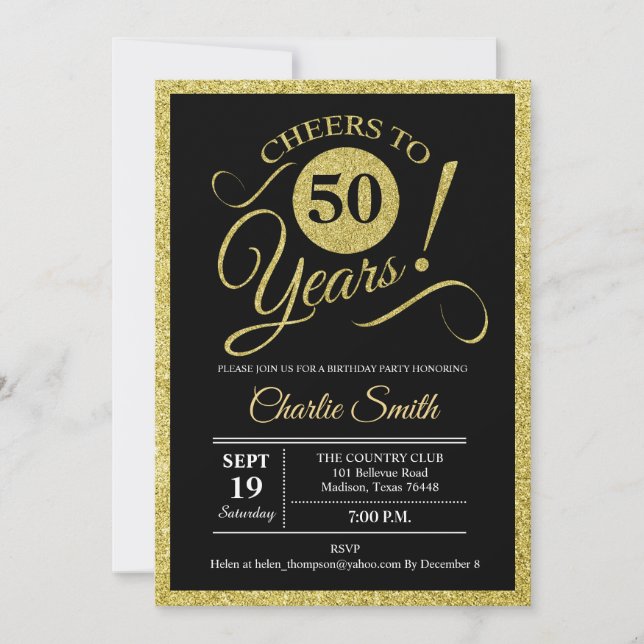 Invitación 50.ª fiesta de cumpleaños - Oro negro CUALQUIER ED (Anverso)