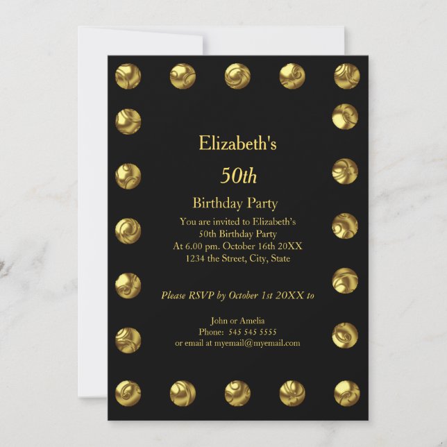 Invitación 50.ª Fiesta de Cumpleaños Oro Negro Cualquier Edad (Anverso)