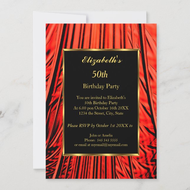 Invitación 50.ª Fiesta de Cumpleaños Oro Rojo Negro (Anverso)