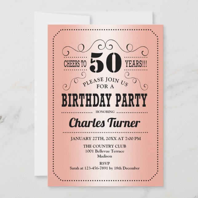 Invitación 50.ª Fiesta de Cumpleaños - Oro Rosa (Anverso)