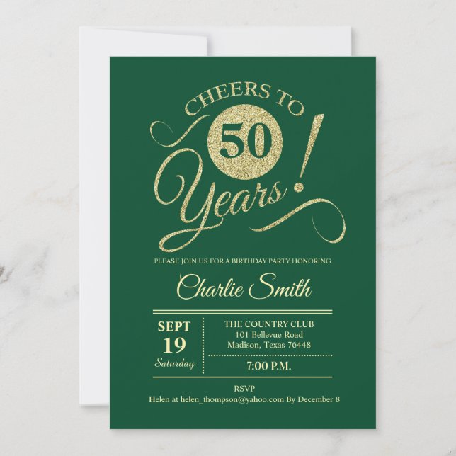 Invitación 50.ª Fiesta de Cumpleaños - Oro Verde (Anverso)