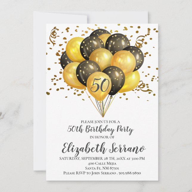 Invitación 50.ª Fiesta de cumpleaños Oro y globos negros en b (Anverso)