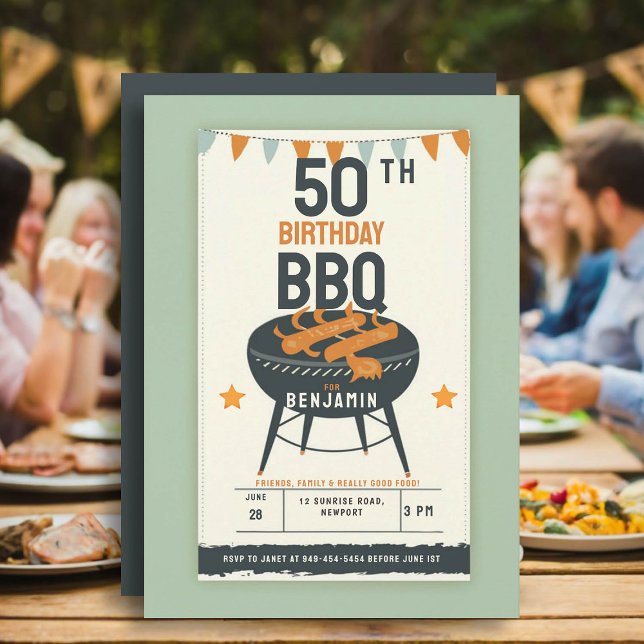 Invitación 50.ª fiesta de cumpleaños para los hombres en el p (50th birthday party ideas for men outside backyard bbq summer fun personalized invitation rustic fun)