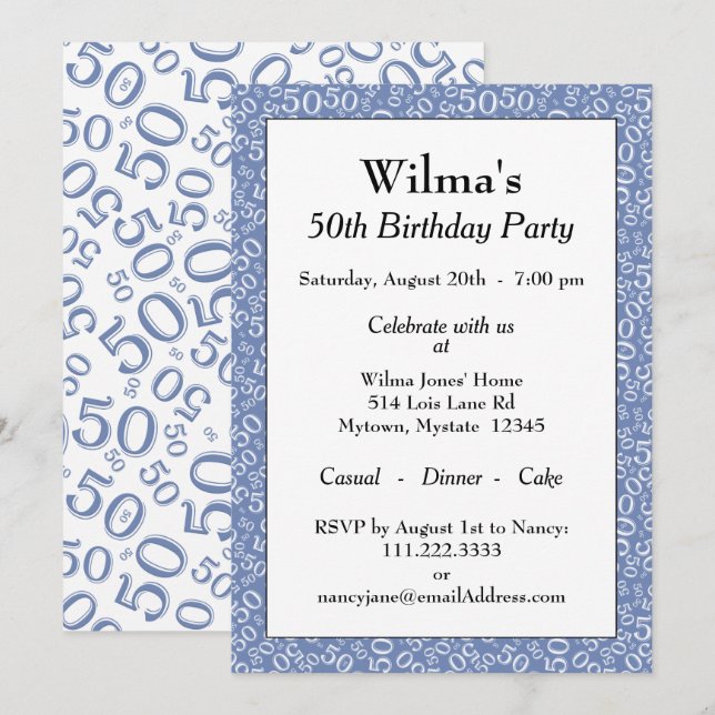 Invitación 50.ª fiesta de cumpleaños Patrón de números azul/b (Anverso / Reverso)
