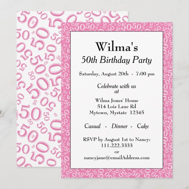 Invitación 50.ª fiesta de cumpleaños Patrón de números rosa/b (Anverso / Reverso)