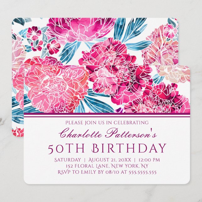 Invitación 50.ª fiesta de cumpleaños Patrón floral rosa elega (Anverso / Reverso)