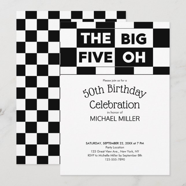 Invitación 50.ª fiesta de cumpleaños Patrón negro de cuadros  (Anverso / Reverso)